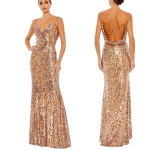 Mac Duggal Spaghetti Straps Sequined Cowl Back Sheath Dress